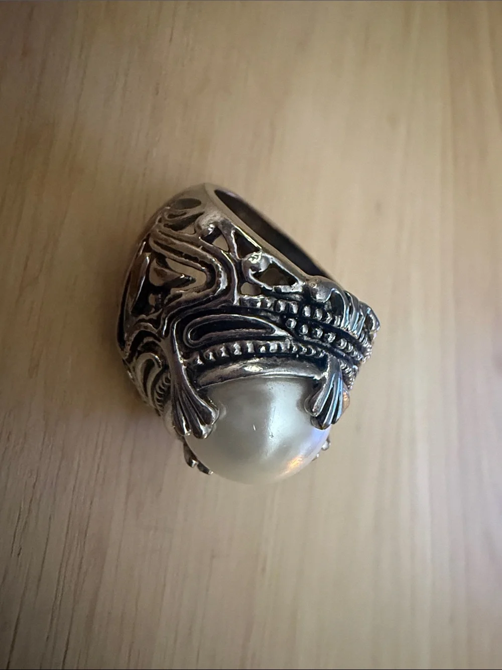 Vintage Premier Designs Silver Ornate Statement Ring Gaux Pearl BOHO